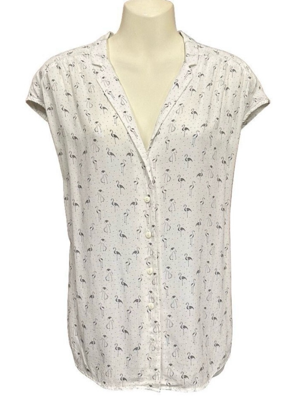 Harris Wilson white flamingo print viscose button down short sleeve blouse Large